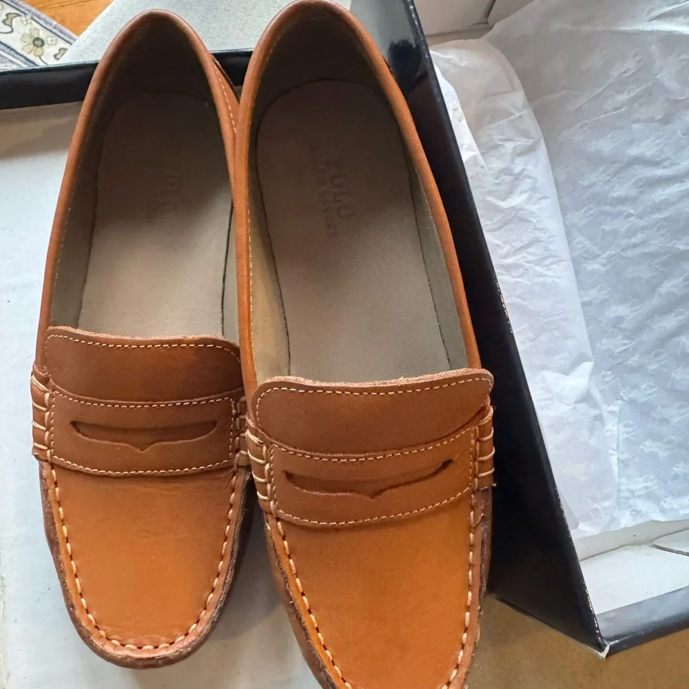 Boys Size 2 Unworn Polo by Ralph Lauren Caramel Brown Loafers - Picture 5 of 7